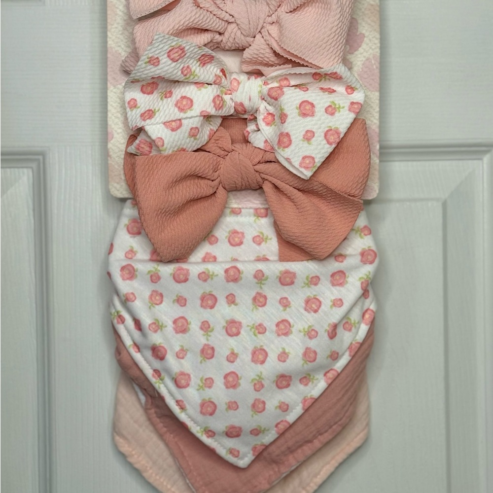 Ava Olivia Pink Headband Bows and Bibs set
